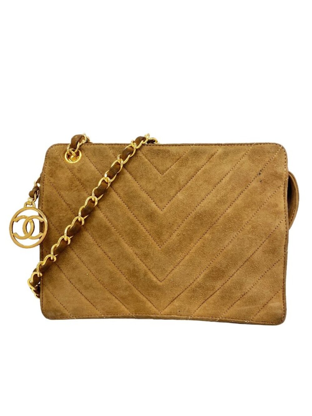 Chanel Shoulder Bag V-stitch Suede Brown Gold